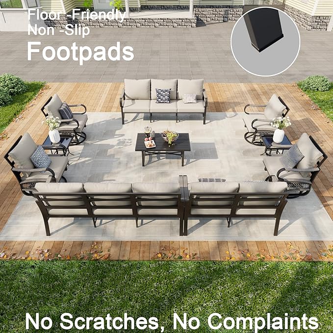 10-Piece Outdoor Patio Conversation Sets, Rope Outdoor Furniture Set Metal 2 Three-Seater Couch, 4 Swivel Rockers with 2 Side Tables, Loveseat Sofa with Coffee Table for Backyard Porch Poolside, Beige
