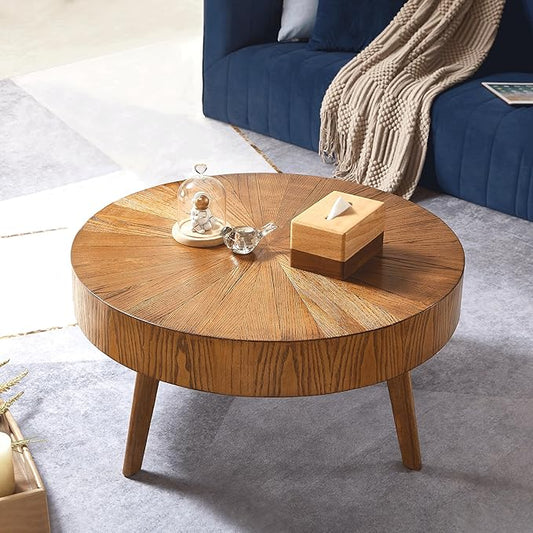 Gexpusm Round Wood Coffee Tables for Living Room, Farmhouse Circle Coffee Table, Mid Century Wooden Rustic Coffee Tables for Apartment, Easy Assembly (Only Coffee Table, 31.50" Dx31.50 Wx14.29 H)