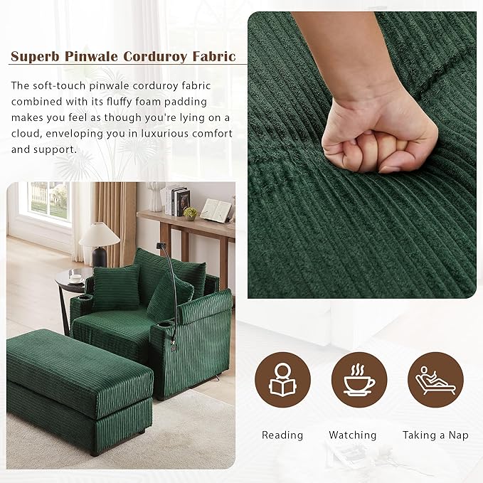 Merax Modern Corduroy Single Sofa with Ottoman, Two USB Ports & Cup Holders, Small Couch with Pillows & Phone Holder for Living Room Green