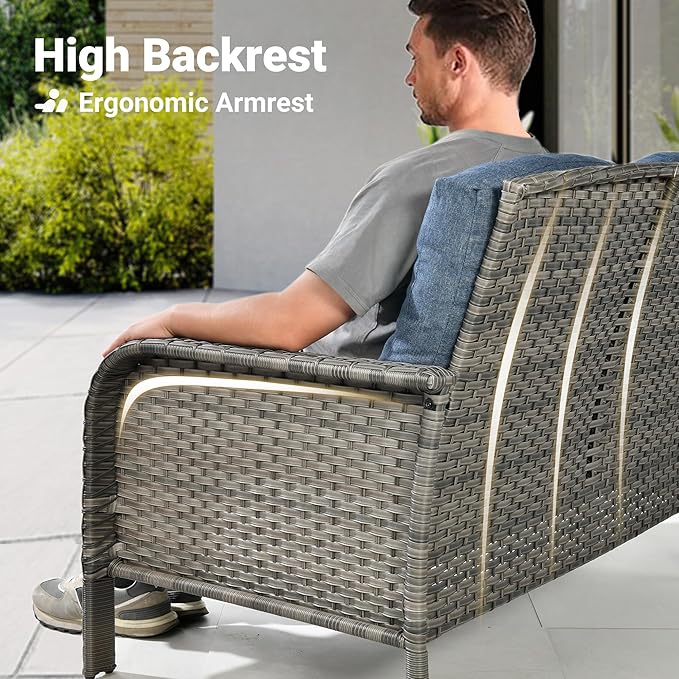 ovios 8-Piece Patio Furniture Set, Outdoor Wicker Sofa with Swivel Chairs Coffee Table, High Back Rattan Couch Loveseat with Comfy Cushions for Porch Yard Deck, Denim Blue