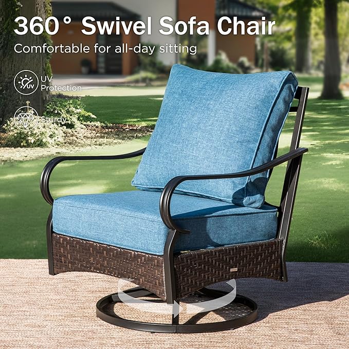 PHI VILLA Patio Furniture Set with 56" Fire Pit Table, Premium Outdoor Wicker Metal Frame Furniture with Upgraded Waterproof Thick Cushions for Porch, Poolside, Deck, and Yard（4 Pieces,Navy