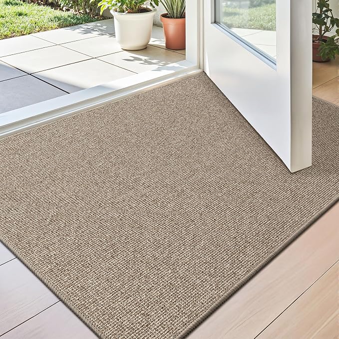 LUMI Ultra Thin Door Mat for Entryway, 17"x30" Low Profile Non Slip Rubber Backing Indoor Doormat, Easy Clean Welcome Entrance Mat for Inside House, Patio, Khaki by LUMI