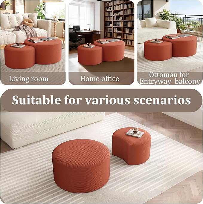 Nesting Coffee Table Set of 2, Upholstered Round Corduroy Circle Foam Round Side Table for Living Room, Entryway Set, 32"+17" Footrest No Assembly (Orange, 32"+17")