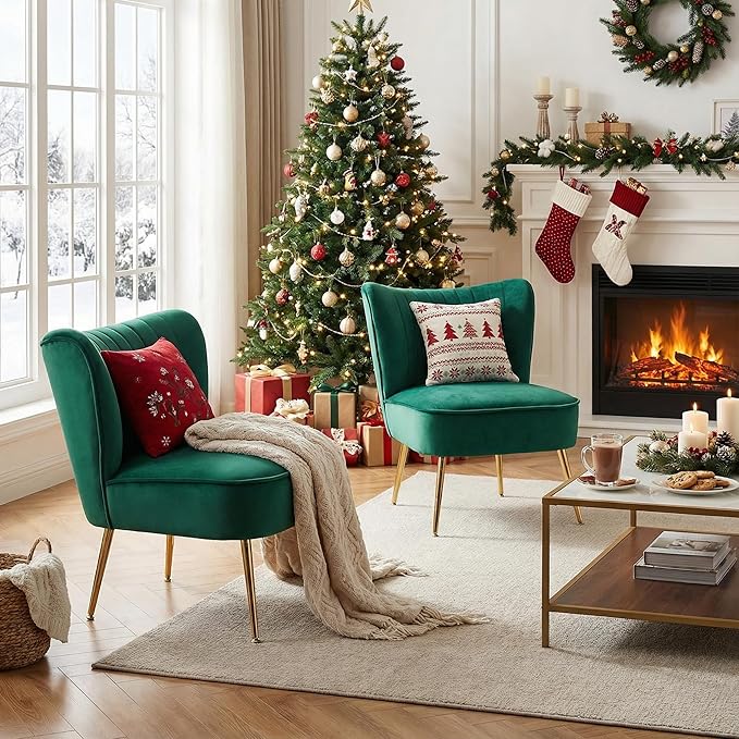 DUOMAY Modern Accent Chair Set of 2 Velvet Slipper Chair with Gold Legs Wingback Side Chair for Living Room Bedroom Entryway Small Corner Chair for Space Saving, Green