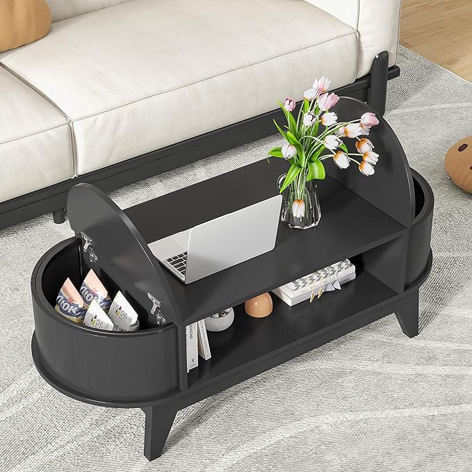 46.45'' Oval Coffee Tables for Living Room, Mid Century Modern Coffee Table with Storage, Wood Fluted Accent Center Table with Flip-Top Lids for Home,Office(Black)