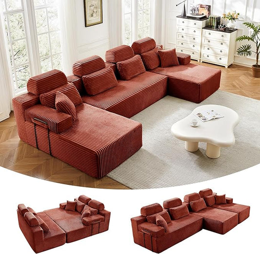 141" U-Shaped Cloud Modular Sectional Sofa with Chaise & Headrest, Boneless Deep Seat Plush Corduroy Couches for Large Living Room, No Assembly Required (Orange, 141" U-shapred Chaise)