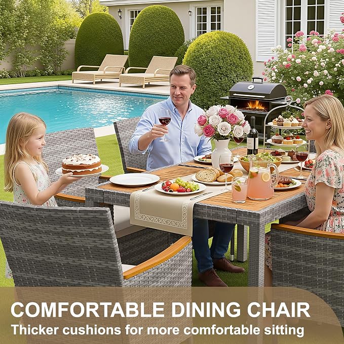 Devoko Dining 7 PCS Furniture, Patio Conversation Set with Acacia Wood Table Top, Outdoor, Beige Cushion and Grey Rattan - Image 4