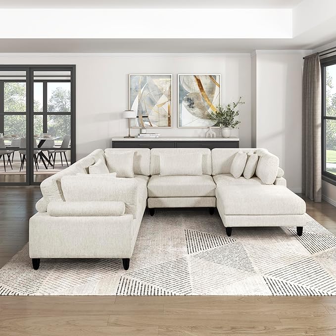 Lexicon 120 Inch Modular Sectional Sofa - Oversized 6 Seater Microfiber U Shaped Sectional Couch with Ottoman, 8 Accent Pillows, and Flexible Arrangement for Modern Living Rooms, Beige
