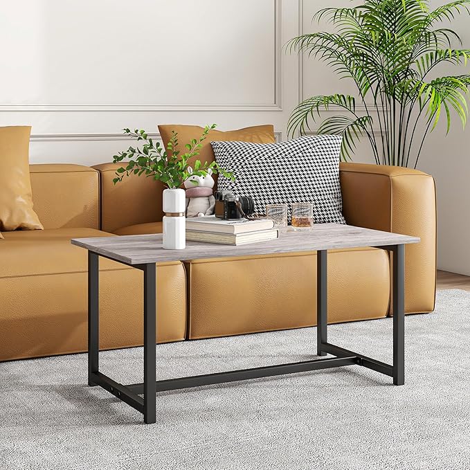 Coffee Table for Living Room, Modern Rectangular Center Coffee Tables for Small Space, Industrial Furniture, Sofa End Tables/Tea Table/Center Table, Couch Table with Metal Black Frame Grey Top