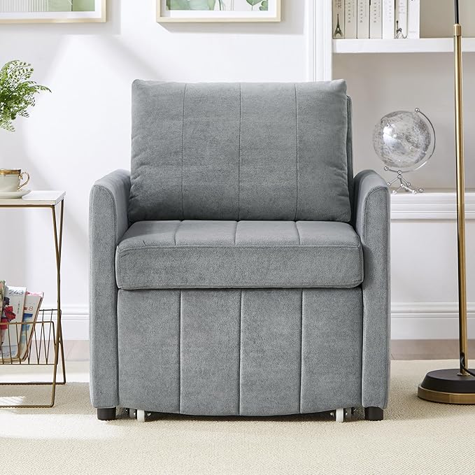 Ball & Cast 31.5" Convertible Pull-Out Sleeper Sofa Bed,Chenille Upholstered Pull Out Couch Chair,3 in 1 Single Sofa Chair W/Storage Basket and Side Pocket,Recliner Chaise Lounge for Living Room,Grey