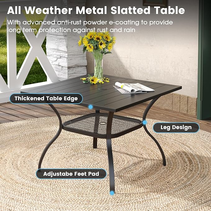 DIFY 5 Pieces Outdoor Dining Table Chair Set, Patio Dining Set with 1 Black Square Curved Legs Table with and Umbrella Hole & 4 Brown Stackable with Armrests Chairs for Lawn, Garden, Porch - Image 4