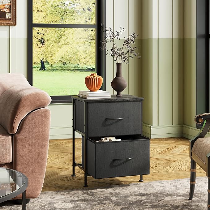 WLIVE Black Night Stand, Small Dresser with 2 Drawers & Wooden Top, Nightstand with Fabric Bins, Bedside Table End Table for Bedroom, Closet, Entryway, College Dorm, Charcoal Black - Image 7