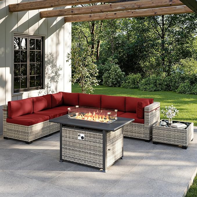 8-Piece Outdoor Patio Furniture Set with 55,000 BTU Fire Pit Table, PE Wicker Rattan Sectional Sofa Conversation Set - All-Weather Garden, Backyard Furniture, Red