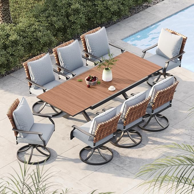 Grand patio 9-Piece Outdoor Dining Set, 8 Leather-Look Wicker Swivel Patio Chairs & 1 Extendable Rectangular Dining Table, Brown by GrandPatio
