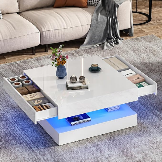 33.9" LED Coffee Table with Storage, Modern High Glossy Living Room Table w/2 Drawers,Double-Layer Design Large Square Center Table for Living Room, Home, Office, White