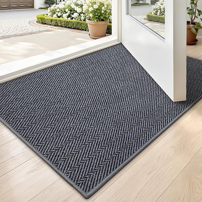 LUMI Ultra Thin Indoor Door Mat for Entrance 17"x30", Non Slip Entryway Mat, Low Profile Doormat, Unique Herringbone Design Carpet for Inside, Patio, Porch, Medium Gray by LUMI