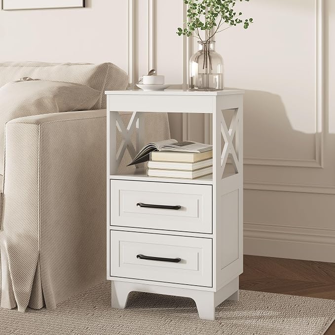 Tall Nightstand Set of 2 Side Table with 2 Drawers Modern Night Stand Wooden End Table Bedside Table with Upper Open Shelf Solid Feet for Bedroom, White - Image 7