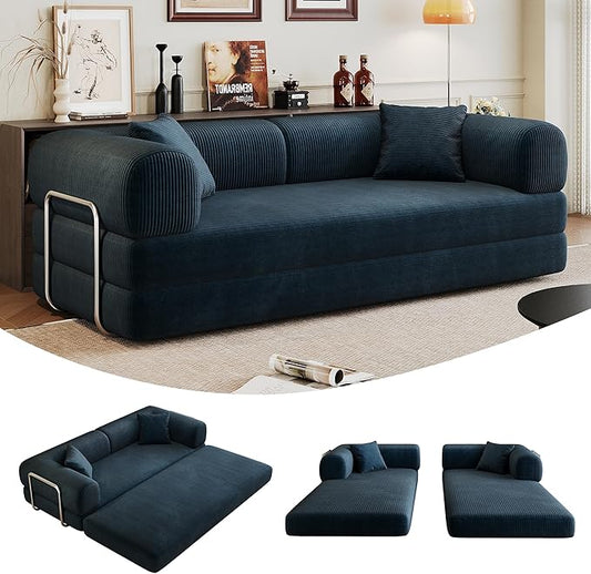 79" Convertible Sofa Bed, Corduroy Folding Pull Out Couch with Pillows, No Assembly Modern Boneless Couch Compression Sofa in Box, Floor Sofa with Support Rods for Living Room,Blue