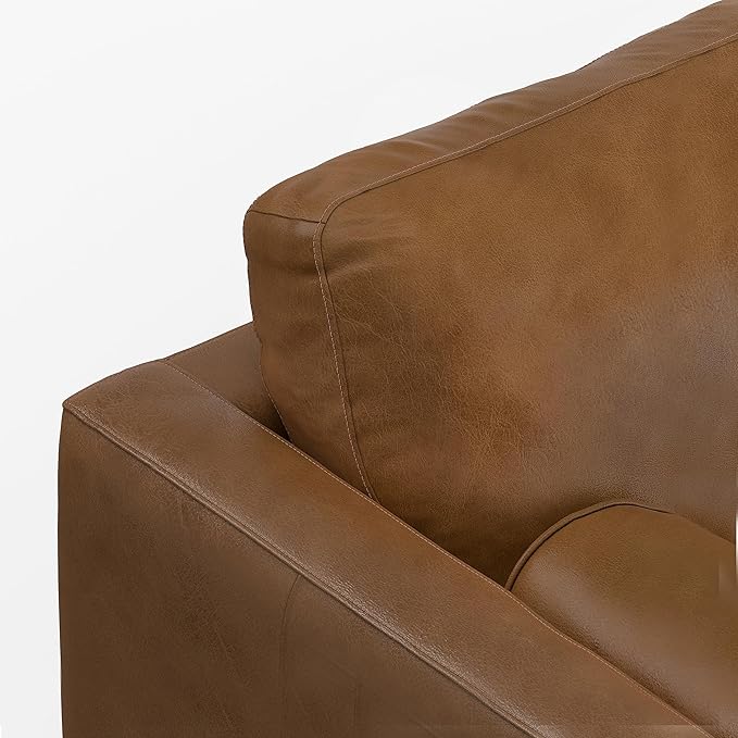 SIMPLIHOME Morrison Mid-Century Modern 89 inch Wide Sofa with Ottoman Set in Caramel Brown Genuine Leather for the Living Room and Family Room