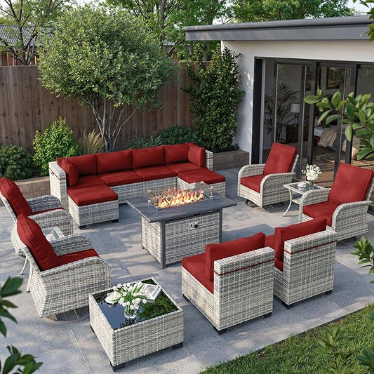 16-Piece Outdoor Patio Furniture Set with Rocking Swivel Chair, Wicker Rattan Sectional Sofa Conversation Set with 55,000 BTU Fire Pit Table with Ottomans, Backyard Furniture, Red