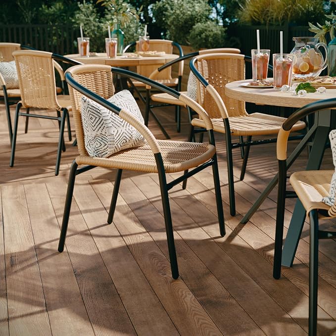 EMMA + OLIVER Set of 2 Modern Rattan Indoor/Outdoor Stack Chairs, Stacking Rattan Patio Chairs with Curved Back and Cross Bracing, Beige - Image 4