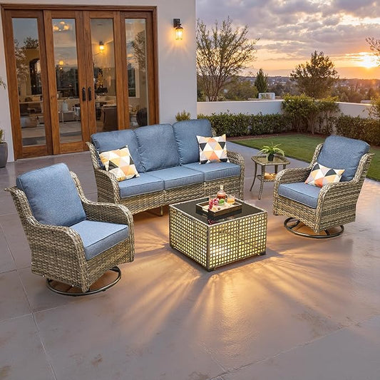 ovios 5-Piece Patio Furniture Set with Swivel Chairs Coffee Table, Outdoor Wicker Sofa with Comfy Cushions, High Back Couch Modern Conversation Sets, Grey/Denim Blue