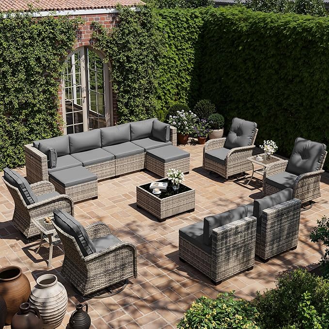 15-Piece Outdoor Patio Furniture Set with Rocking Swivel Chair, Wicker Rattan Sectional Sofa Conversation Set with Tempered Glass Table with Ottomans, Backyard Furniture, Grey