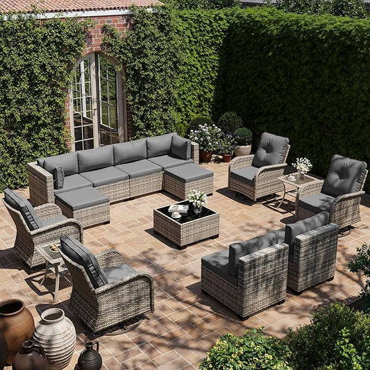 15-Piece Outdoor Patio Furniture Set with Rocking Swivel Chair, Wicker Rattan Sectional Sofa Conversation Set with Tempered Glass Table with Ottomans, Backyard Furniture, Grey