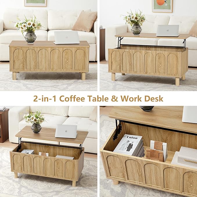 Lift Top Coffee Table with Arched Finish, Modern Coffee Table with Lifting Tabletop & Hidden Storage, Wood Center Table for Living Room,Convenient for Dining, Gaming or Working (Natural)