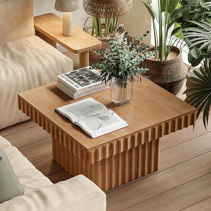 COZAYH Modern Square Fluted Wood Coffee Table with Natural Oak Finish, Geometric Accent Table Chunk Table for Living Room, Sturdy Rectangular Minimalist Centerpiece, Brown, Farmhouse