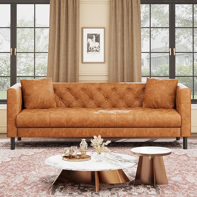 IDEALHOUSE 81" Mid Century Modern Leather Sofa, 3 Seater Chesterfield Couch with Button Tufted Back & Deep Seat, Upholstered Living Room Sofa for Apartment or Office, Cognac Tan