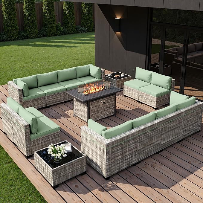 15-Piece Outdoor Patio Furniture Set with 55,000 BTU Fire Pit Table, PE Wicker Rattan Sectional Sofa Conversation Set - All-Weather Garden, Backyard Furniture, Light Green