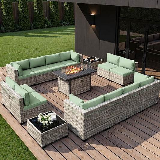 15-Piece Outdoor Patio Furniture Set with 55,000 BTU Fire Pit Table, PE Wicker Rattan Sectional Sofa Conversation Set - All-Weather Garden, Backyard Furniture, Light Green