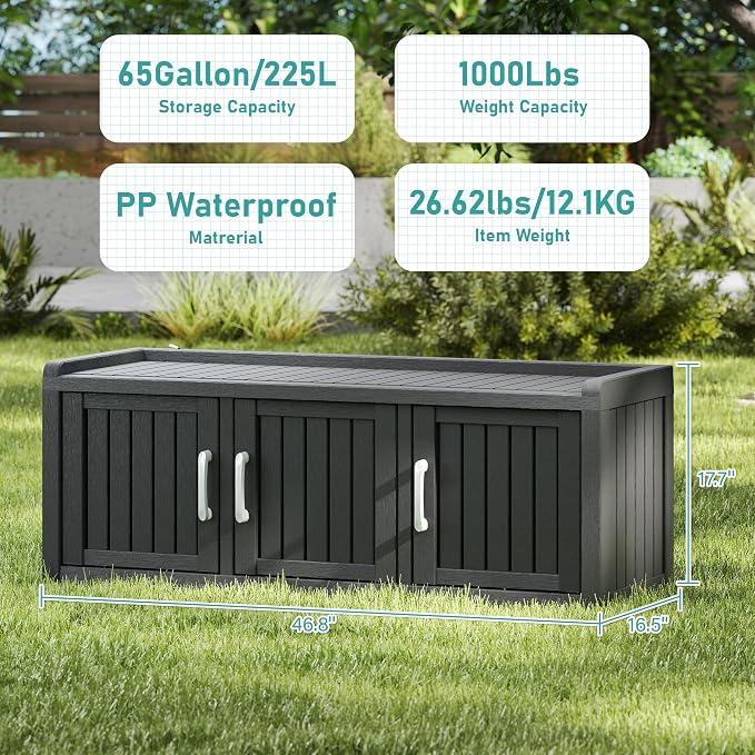 2-Tier Storage Bench, Waterproof UV-Resistant Outdoor Shoe Storage Cabinet with 3 Doors & Adjustable Shelves for Indoor Outdoor Entryway, Hallway, Living Room (Black) - Image 3