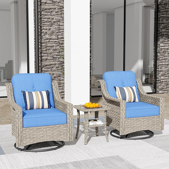 HOOOWOOO 3 Piece Patio Furniture Bistro Sets,Outdoor Wicker Swivel Rocking Chairs with Table Set,All Weather Resistant High Back Rattan Conversation Set(Diamond Blue)