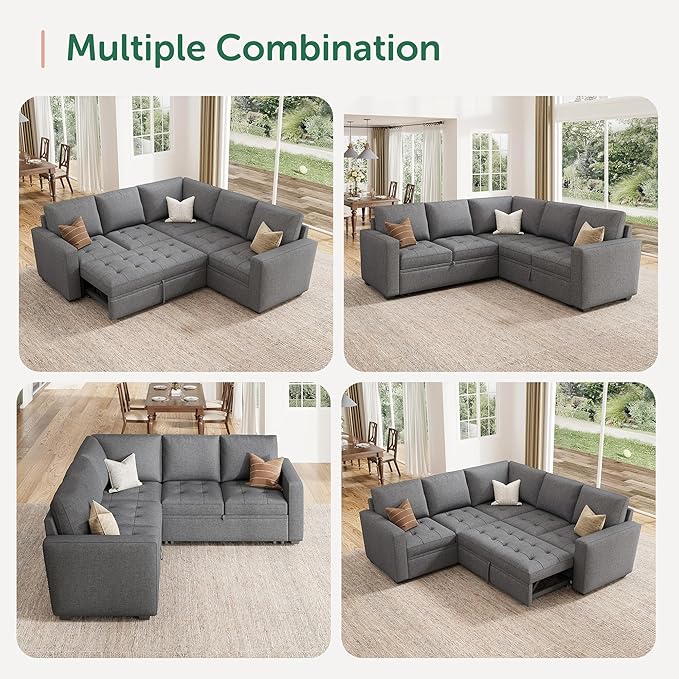 HONBAY Modular Sectional Sofa with Pull Out Bed Convertible L Shaped Couch with Storage Seat Sleeper Sectional Couches for Living Room,Mid Grey