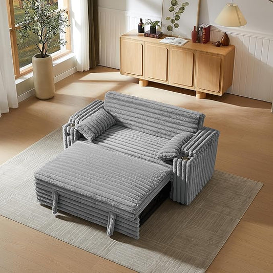 Eafurn 3 in 1 Convertible Sleeper Sofa Bed Recliner Daybed,Corduroy Upholstered Pull Out Couch Bed w/USB & Type C Port, Oversized Futon Loveseat w/Adjustable Backrest &Cup Holder for Living Room