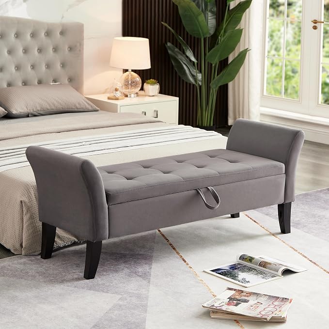 Furniliving 51” Bedroom Bench, End of Bed Bench with Button-Tufted Large Upholstered Storage Bench Ottoman Velvet Window Bench with Storage Shoe Cabinet Bench, for Bedroom, Entryway, Closet, Grey by FurnilivingFurnitureforHome