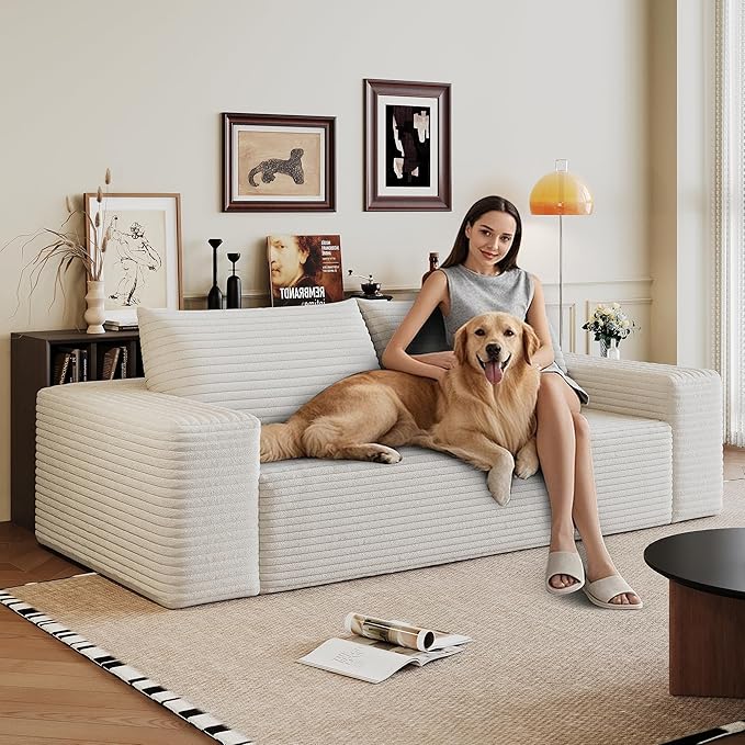 JINGLING 63" Small Couches for Small Spaces, Comfy Boneless Couch in a Box, Love Seat Compressed Sofa for Living Room Bedroom, Apartment Furniture, No Assembly, Corduroy, White