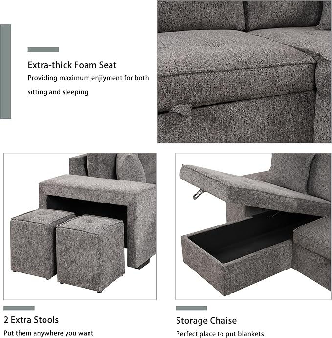 104.5 inch Reversible Sleeper Sectional Sofa with Pull Out Bed , Convertible L Shaped Sectional Couch with Storage Chaise and 2 Stools , Tufted Upholstered Pullout Sofa Bed for Living Room Apartment