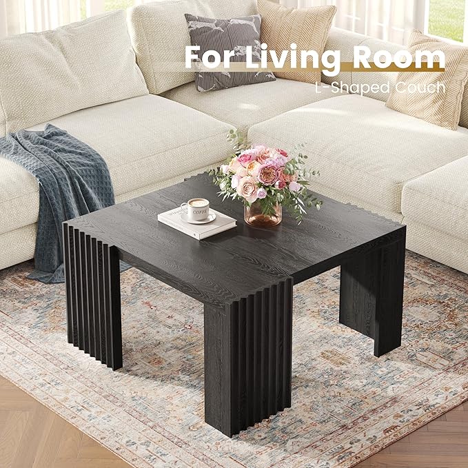 Luoxiao 27.5" Black Square Coffee Table Fluted Mid-Century Modern Living Room Table, Square Wooden Center Table with Quilted Footpads for Apartments, Small Homes, Easy Assembly