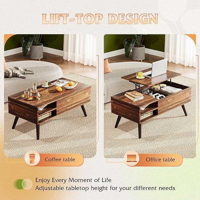 WLIVE Lift Top Coffee Table for Living Room,Small Coffee Table with Storage, Adjustable Shelf and Storage Compartment, Mid Century Modern Living Room Table, Wood, Rustic Brown