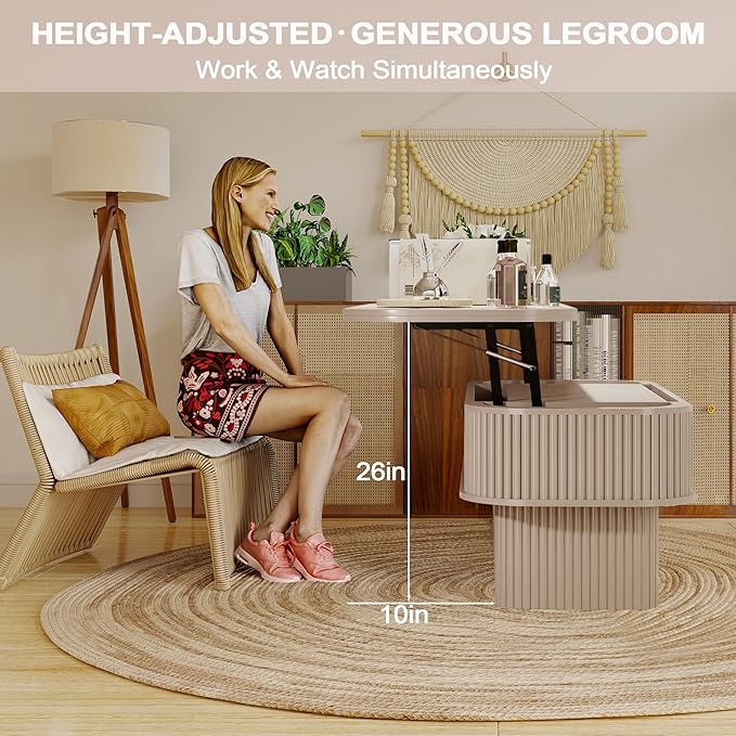 Lifting Coffee Table for Living Room，26-Inch Lift that Converts to Dining Table，3 in 1 Pull Out Coffee Table with Storage，Oval Wood Center Table, Space-Saving for Eating & Laptops