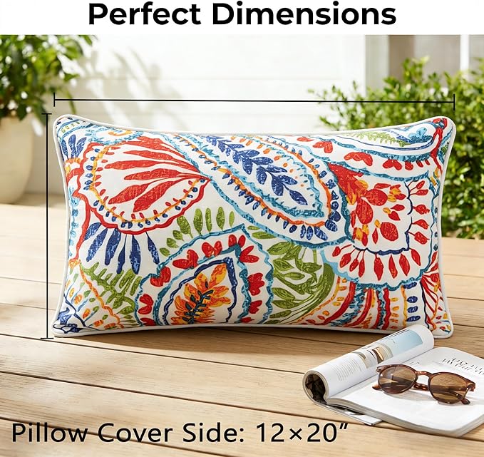 JMGBird Water-Resistant Outdoor Pillows Set of 2, 12x20 inch Durable Colorful Paisley Pattern Throw Pillows with Inserts for Patio Furniture