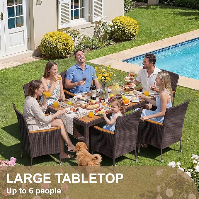 Devoko Dining 7 PCS Furniture, Patio Conversation Set with Acacia Wood Table Top, Outdoor, Beige Cushion and Brown Rattan - Image 2