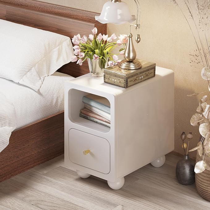 Solid Wood Nightstand, Narrow Night Stand with Drawers, White Mid Century Modern Nightstand, Small Beside Table with Open Storage Shelf for Bedroom (12 inch) - Image 8