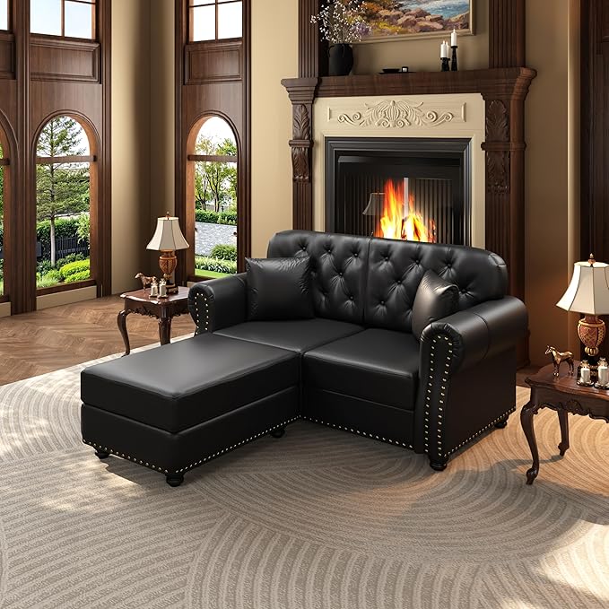 KEIKI 63" Faux Leather Chesterfield Sofa with Rolled Arms & Nailhead Trim & 2 Ottoman, 2-Seater Button Tufted Couch with High Resilience Cushion & 2 Pillow, Easy Assembly, for Living Room, Black
