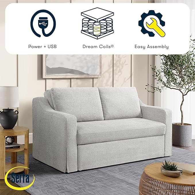 Serta Hawthorne 66.1" Slipcovered Convertible Sleeper Loveseat, Full Size, Dreamcoil Comfort, FingerGuard Pinch Point Protection, Polyester Tweed Fabric, Linen