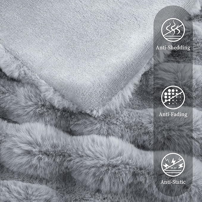 Faux Rabbit Fur Throw Blanket for Couch(60x80 inches), Soft Fluffy Thick Bubble Blanket for Bed Sofa Living Room, Warm Plush Cozy Blanket, Gray