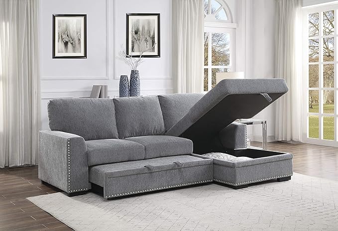Lexicon Mid Century Modern Sectional Sleeper Sofa Bed Couch with Storage Chaise, Sectional Sofa Pull Out Couch Bed, Sectional Couch Lounge Sofa for Living Room Apartment, Right Side Chaise, Gray